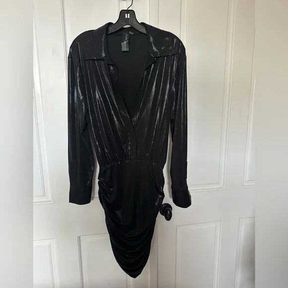 Norma Kamali Black Boyfriend shirtdress Plunge Ruched Mini Dress - Picture 7 of 8